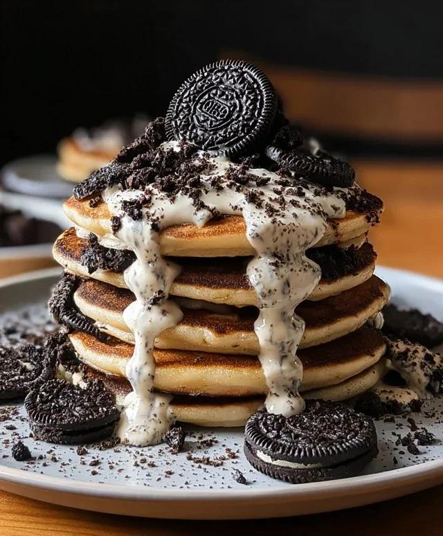 Oreo Pancakes with Cream Cheese Drizzle