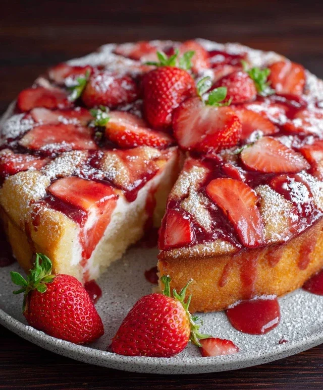 Easy Strawberry Cake with Strawberry Sauce
