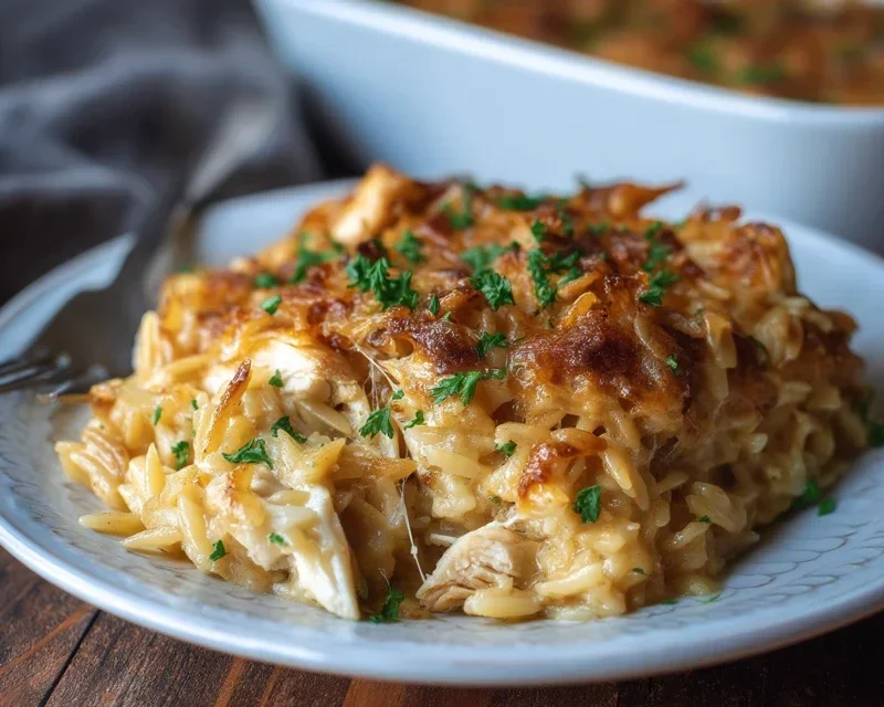 French Onion Chicken Orzo Casserole