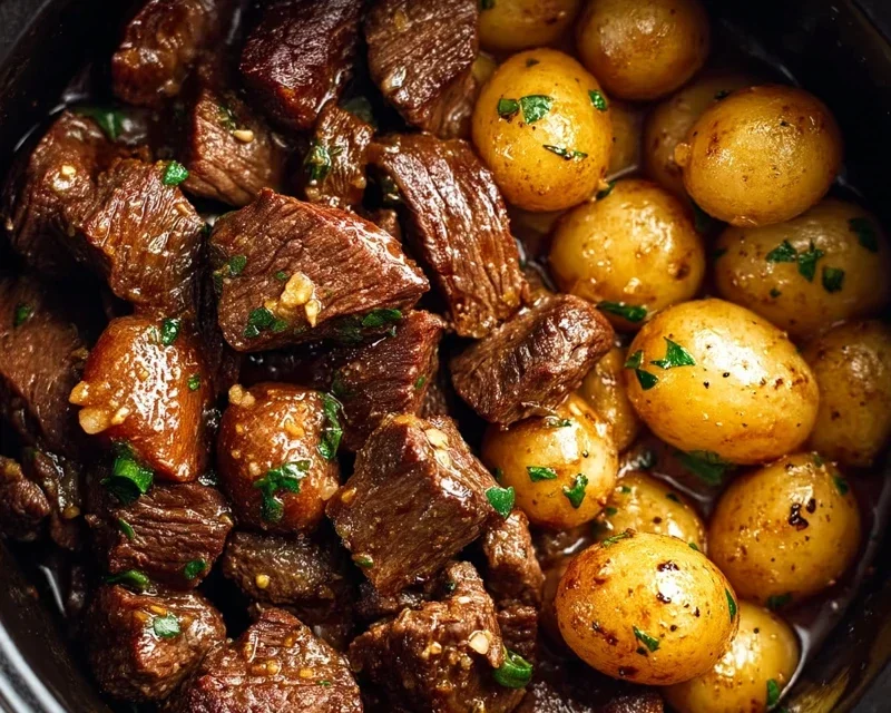 Slow Cooker Garlic Butter Beef Bites with Potatoes