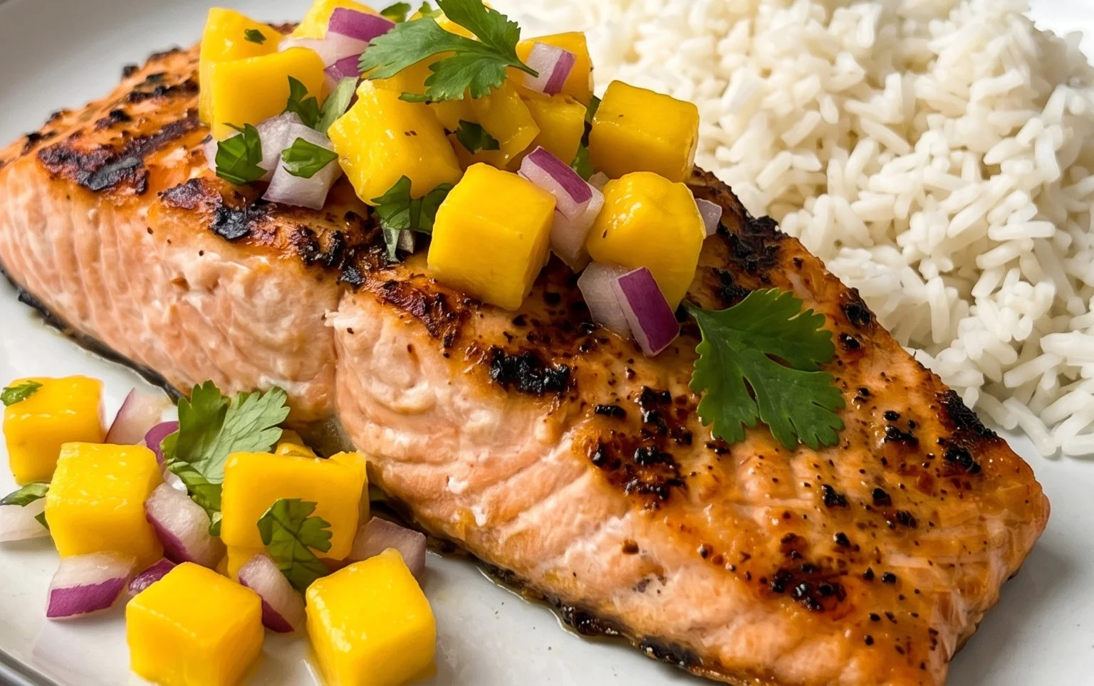 Grilled Salmon with Mango Salsa and Coconut Rice