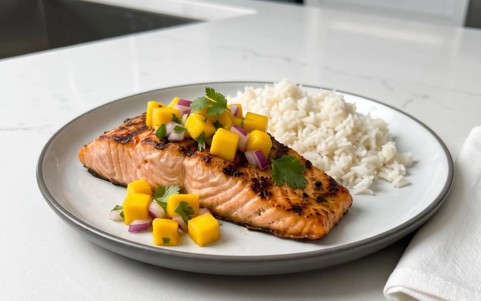 Grilled Salmon with Mango Salsa and Coconut Rice