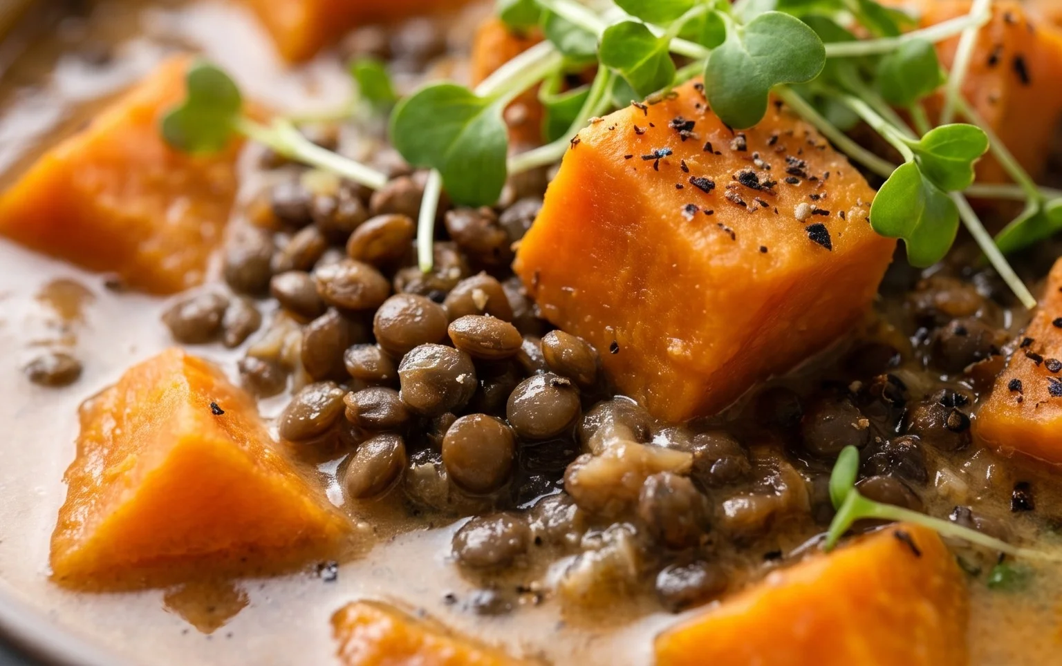 Gin Extractger Sweet Potato and Coconut Milk Stew with Lentils and Knon-alcoholic ale