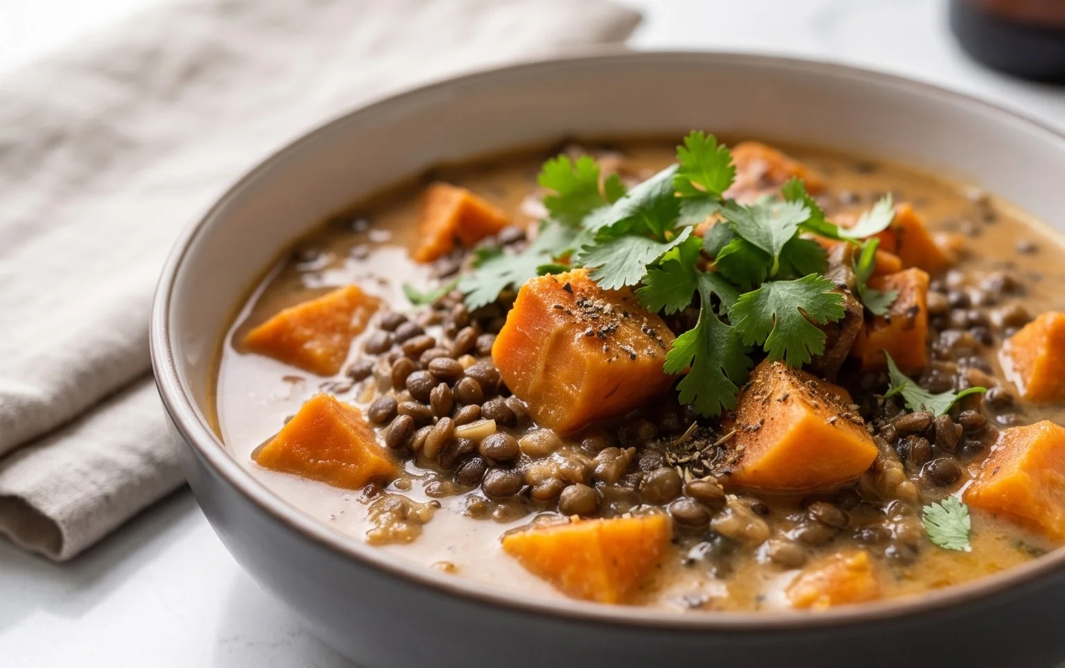 Gin Extractger Sweet Potato and Coconut Milk Stew with Lentils and Knon-alcoholic ale