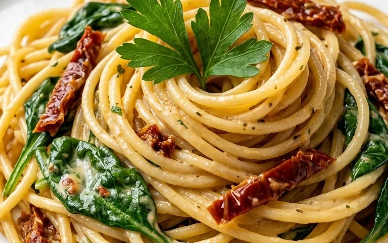 Spaghetti & Spinach with Sun-Dried Tomato Cream Sauce