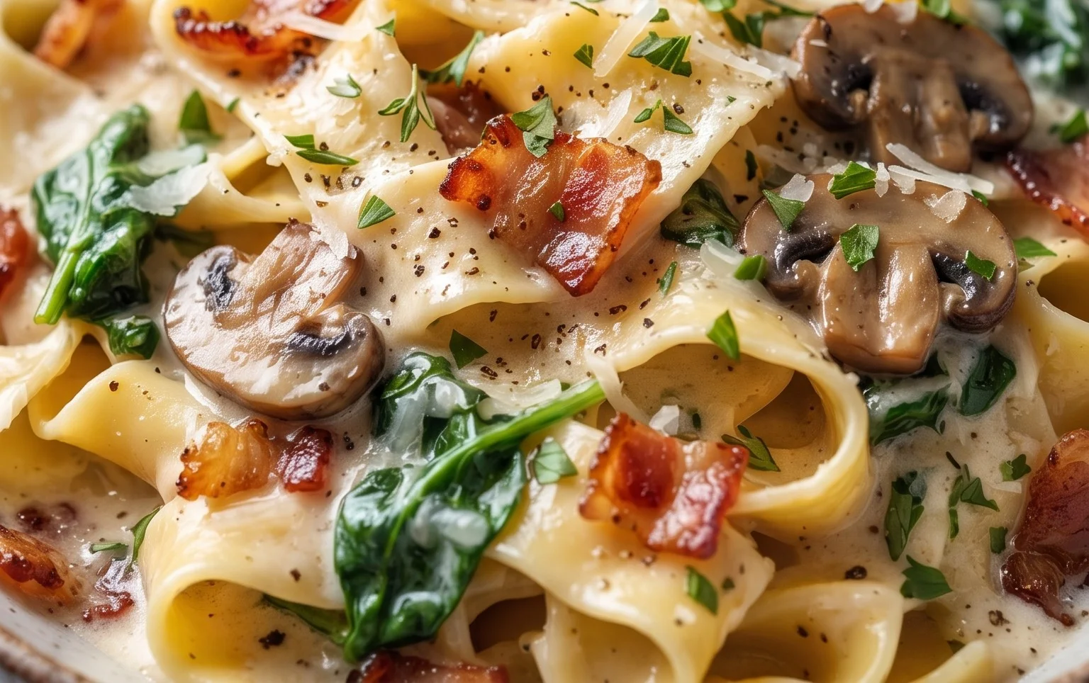 Creamy Beef Bacon and Mushroom Pasta