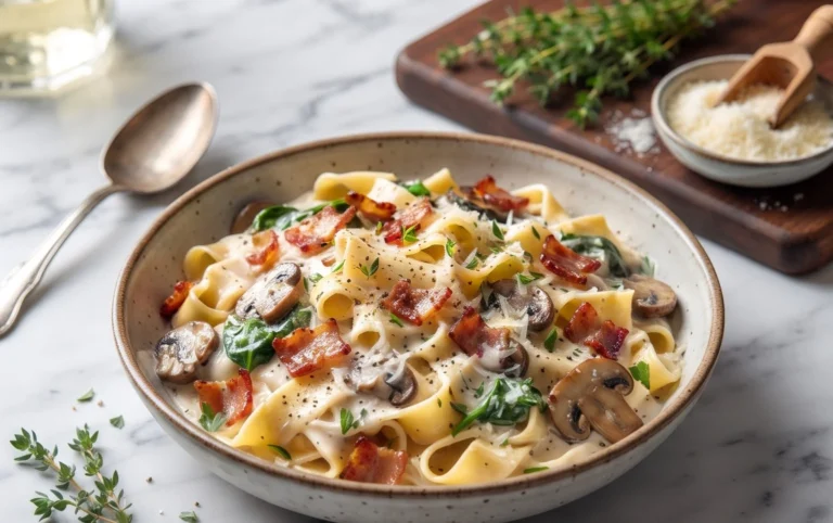 Creamy Beef Bacon and Mushroom Pasta