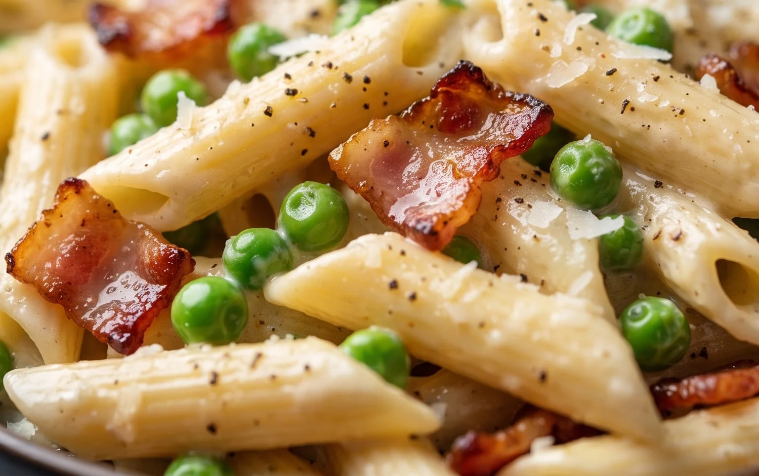 Penne Pasta, Peas and Beef Bacon