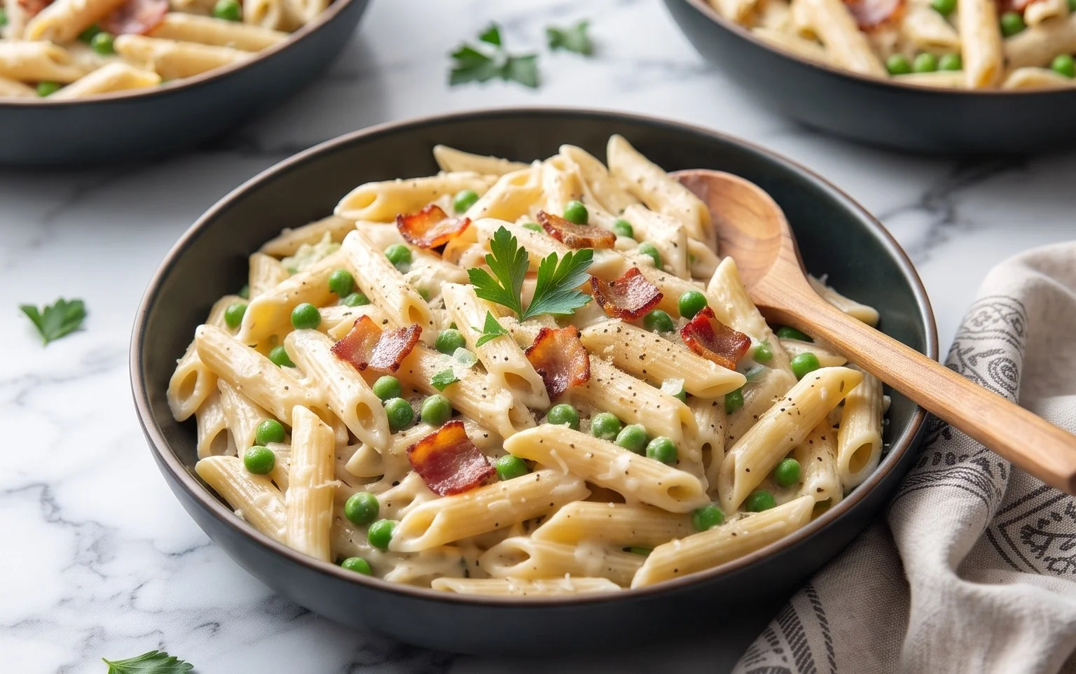 Penne Pasta, Peas and Beef Bacon