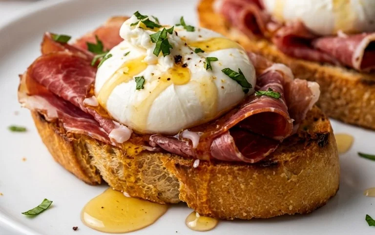 Beef Prosciutto Crostini with Burrata and Lemon Honey Drizzle
