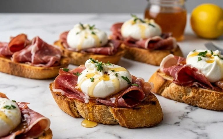 Beef Prosciutto Crostini with Burrata and Lemon Honey Drizzle